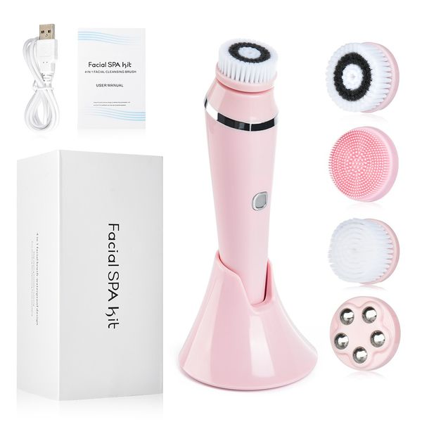 

4 in 1 electric rotating facial cleansing brush pore deep cleaning dead skin exfoliating brush pink white green 48