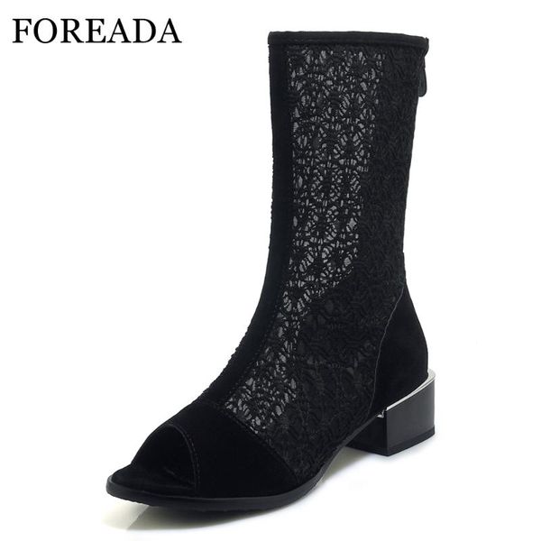 

dress shoes foreada women summer boots cutout square heels casual zipper mesh peep toe female 2021 black large size 33-43