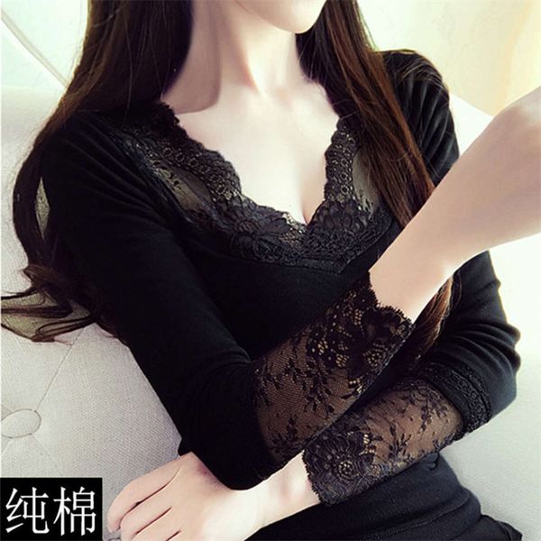 

v-neck lace bottomed shirt women's long sleeve 2020 autumn new black slim and versatile cotton t-shirt, White
