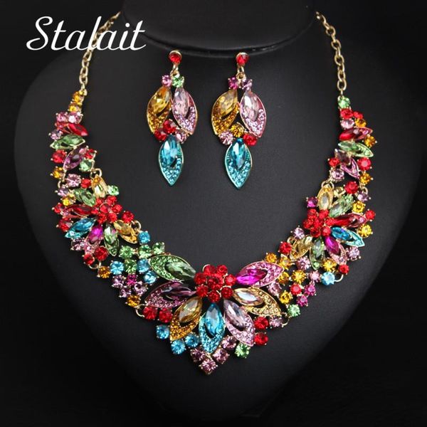

earrings & necklace luxury multi color flower natural crystal banquet jewelry set women statement gold accessories, Silver