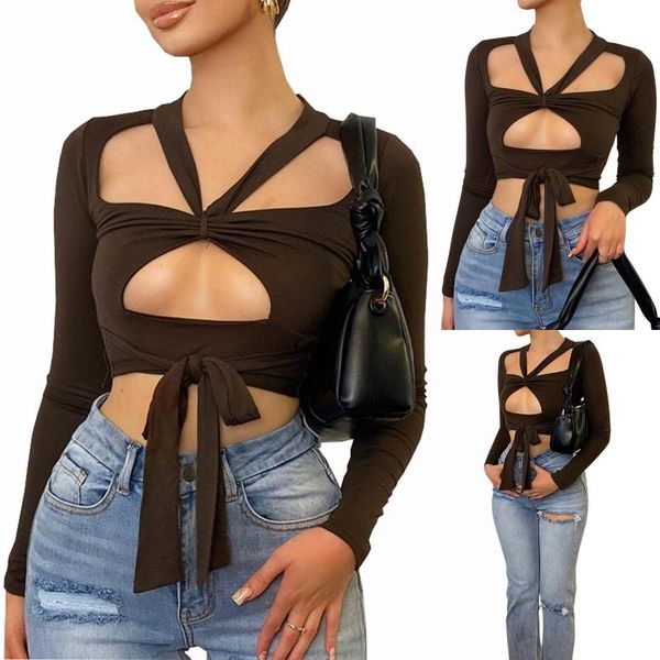 

women's t-shirt 2021 women casual close-fitting tie up t-shirts solid color long sleeve v neck hollow out exposed navel crop brown s, White