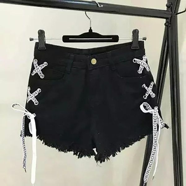 

women's jeans summer denim shorts high waist ripped short femme tassel lace up bandage pants for women, Blue