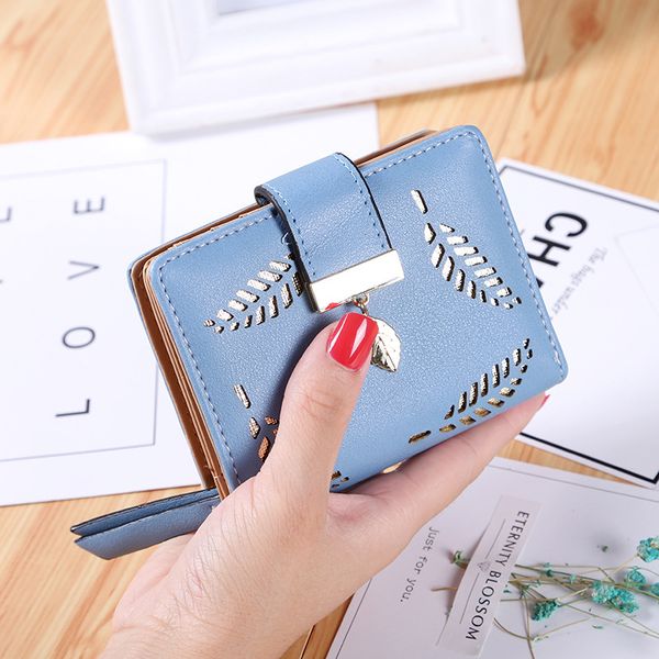 

2020 new women short wallets hollow leaves small wallet zipper clutch bag mobile phone bag card bag female, Black;red
