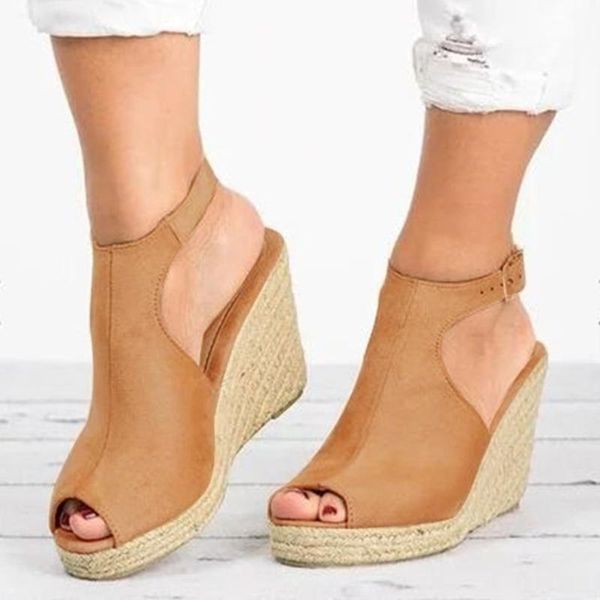 

sandals women summer large size wedge open toe buckle strap slope heel weaving breathable beach shoes sandalias, Black