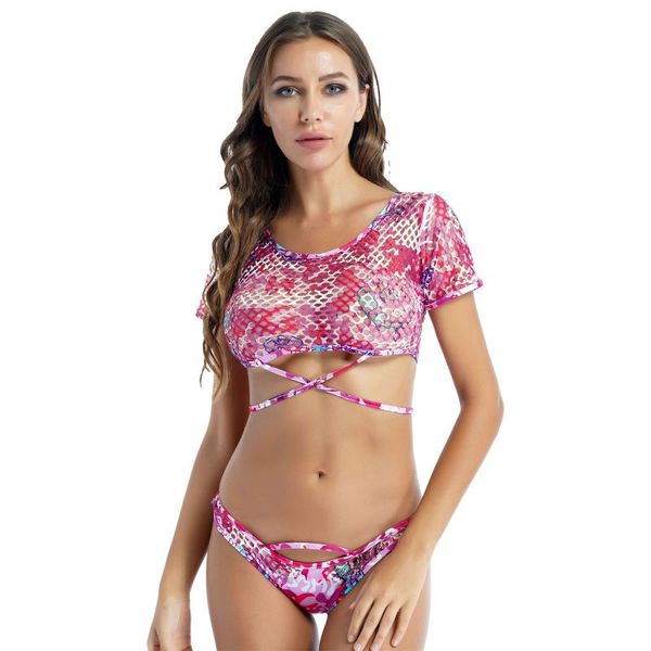 

women's swimwear women two-piece bikinis sets erotic stylish print lingerie suit hollow out mesh crop briefs bottoms breathable, White;black