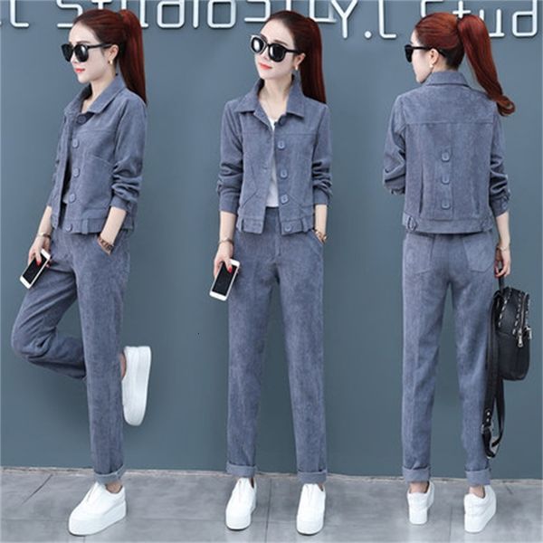 

2021 spring and in autumn skin new from velvet women big casual fashion jacket + tall-waisted straight-waisted pants two al1904 sets 6yq7, Gray