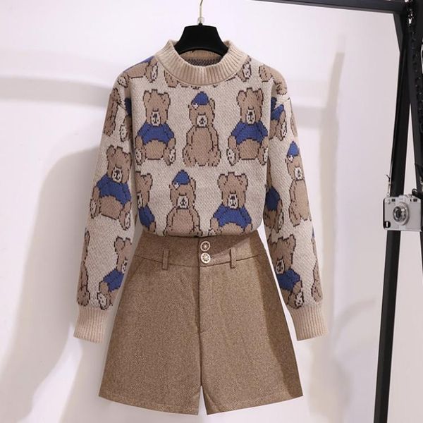

women's tracksuits 2021 autumn winter women two piece set fashion vintage cartoon knitted loose pullovers and woolen shorts pants suits, Gray