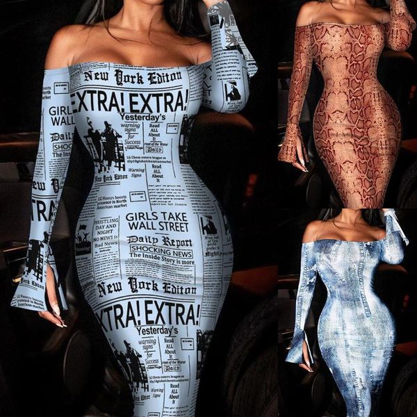 

casual dresses women slash neck backless party autumn fashion long sleeve printing ladies slim bodycon elegant vestido midi elegante, Black;gray