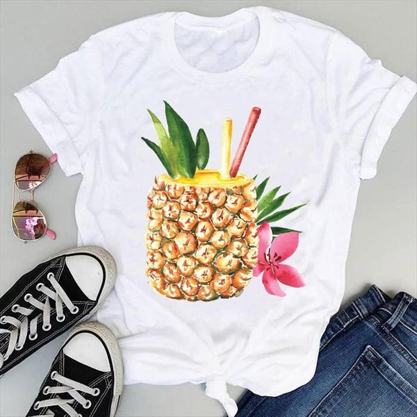 

pineapple floral casual beach cartoon women t shirt short sleeve graphic summer fashion print female clothes tees, White