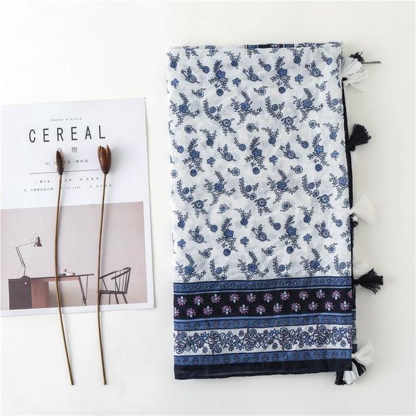 

scarves 2021 arrived blue and white floral print cotton linen scarf women thin long voile summer sunscreen beach cover up, Blue;gray