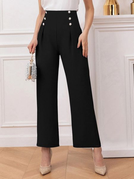 

high waist pearl button detail pants r09k#, Black;white