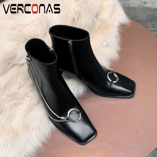 

boots verconas autumn winter square toe ankle for women fashion chain thin heels shoes woman genuine leather zipper casual, Black