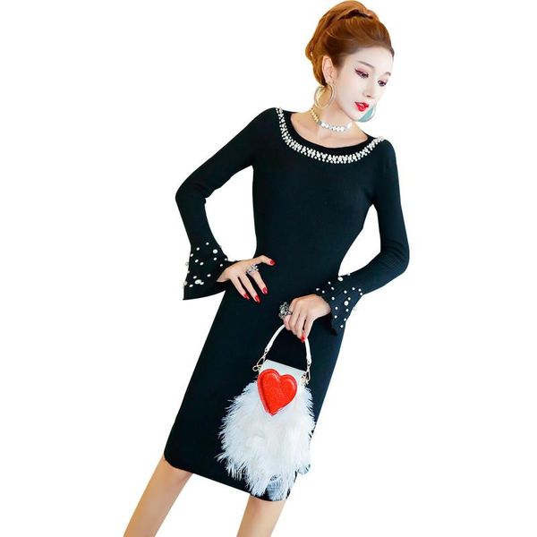 

casual dresses 2021 fashion women knitted dress autumn winter elegant o-neck long flare sleeve solid pearl beaded slim pullover sweater, Black;gray