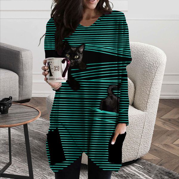 

harajuku striped cat pattern casual spring and autumn long pocket t-shirt female element round neck loose and comfortable home service, Black;gray