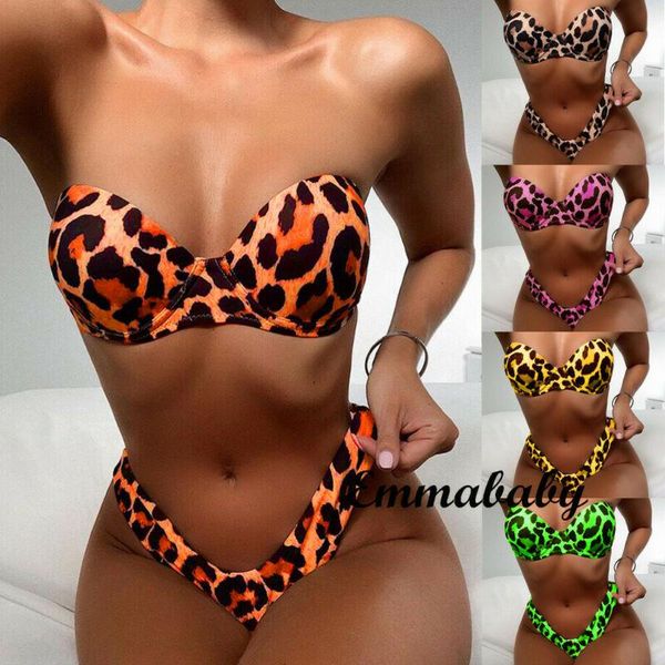 

2021 women leopard print bikini push up beachwear swimwear summer bikini micro off shoulder bandeau swimsuit bathing suit