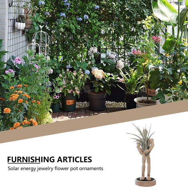 

planters & pots wooden human figure rotating solar power plant stand flower pot deskornament table decoration simulation