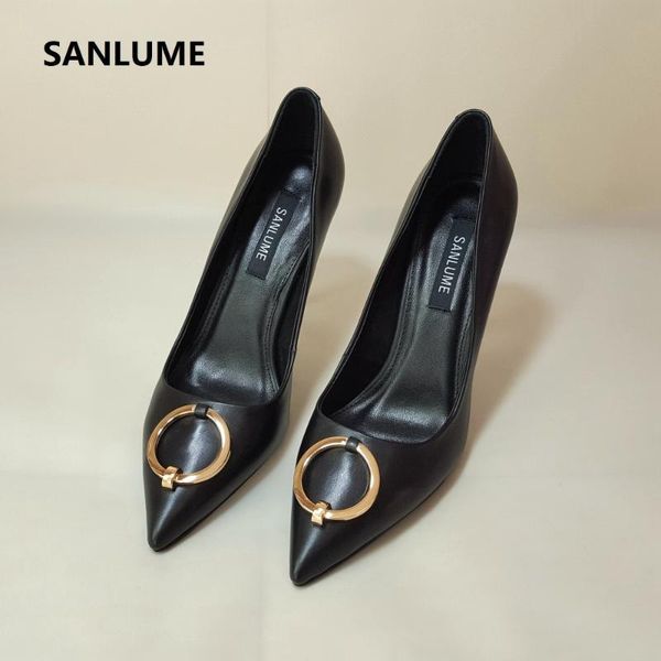 

dress shoes sanlume 2021 style spring women genuine leather high heels black pointed pumps 10cm wedding party gold size 40