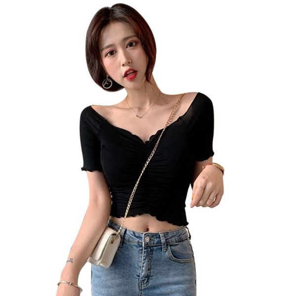 

women's t-shirt summer tshirt ruched fashion v neck solid short sleeve knitted slim t shirt camiseta, White