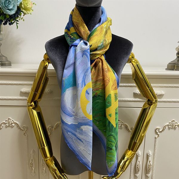 

women's square scarf shawl good quality 100% twill silk material gradient pint letters oil painting pattern size 130cm - 130cm, Blue;gray