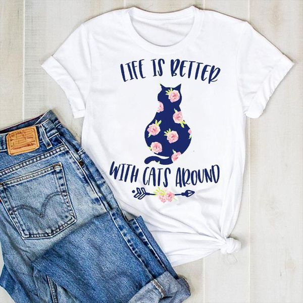 

and women lady cartoon mens t shirts flower womens cat fashion short sleeve summer ladies tee female clothes graphic, White;black