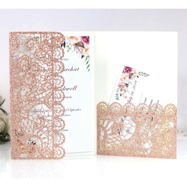 

greeting cards 10pcs/lot customized glitter paper wedding laser cut invitation with rsvp gift & craft supplies