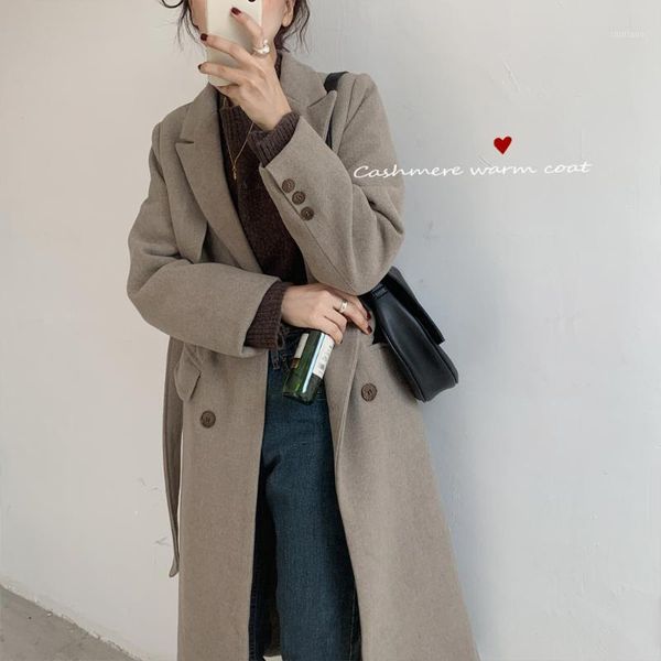

autumn and winter 2021 the long-term over-knee long-sleeved cashmere coat temperament lap collar hair girl women's wool & blends, Black
