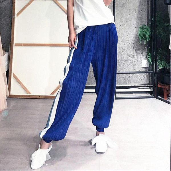 

women's pants & capris hip hop full length loose solid harem elastic waist miyake pleats women casual sport wide leg lanterns trouser, Black;white