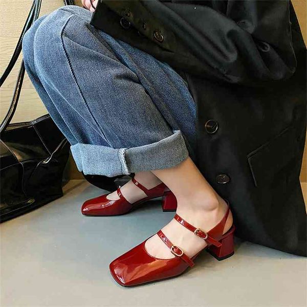 

2021 new 21 m mary family jane shoes square head thick heel side empty sandals korean red double belt buckle high heels yw nx8t, Black