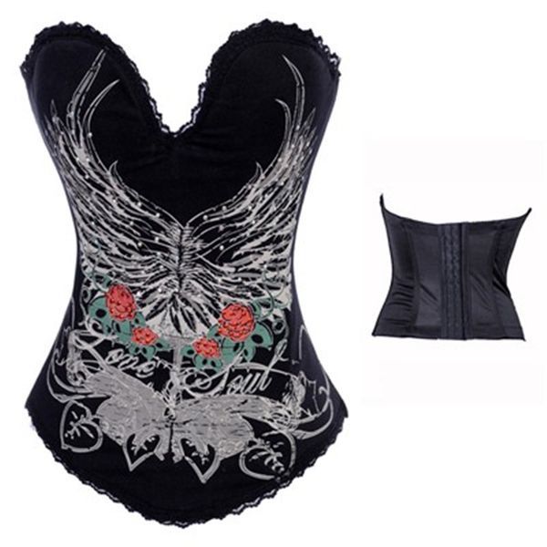 

Woman Bustiers Vintage Floral Print Cotton Sexy Waist Corsets Bustiers Women Steampunk Clothing Gothic Corset Rock Hook Boned Bodice Corsel, Black;white