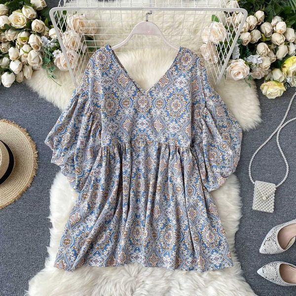 

women's blouses & shirts court style printed baby dress children's summer temperament v-neck foreign lantern sleeve loose short, White