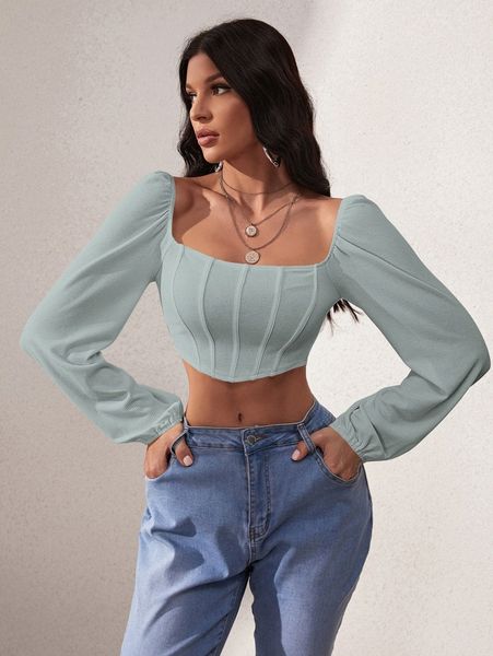 

lantern sleeve square neck crop r3e2#, White