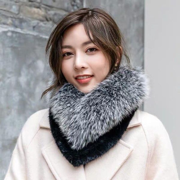 

scarves cx-s-190 luxury fashion knitted snood neck wear fur trim lady scarf, Blue;gray