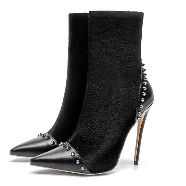 

boots autumn winter faux suede lady short fashion color matching personality rivet zipper stiletto high heel women's shoes, Black