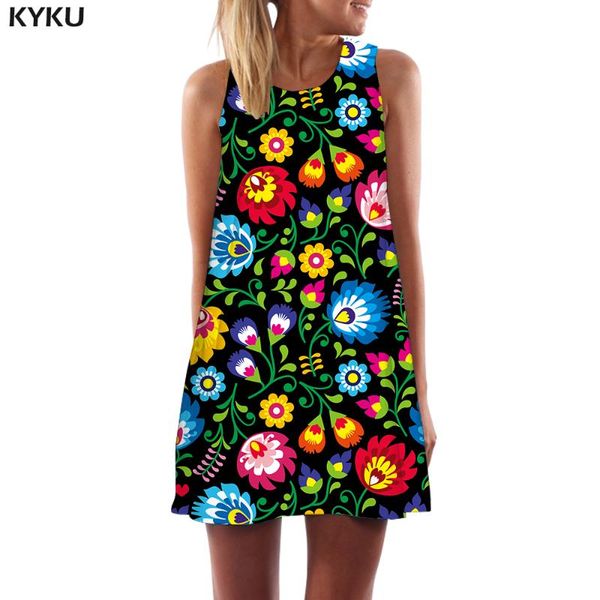 

casual dresses kyku flower dress women colorful vintage short harajuku boho art tank womens clothing cool femme, Black;gray
