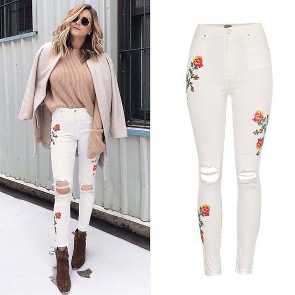 

2021 new high waist flower embriodery ripped jeans for women ankle length denim pants pantalon femme 655o, Blue