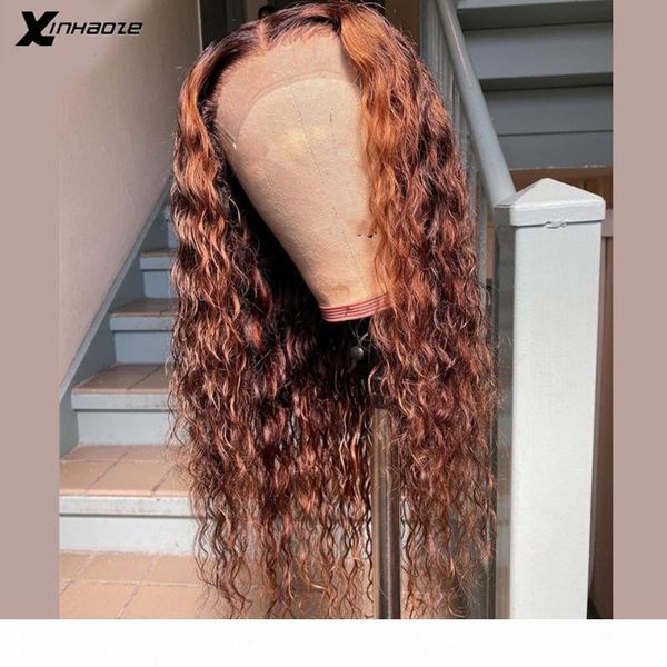 

brown 13x6 lace front wig wet and wave brazilian remy highlight ombre water wave t lace front human hair wigs bleach knots, Black;brown