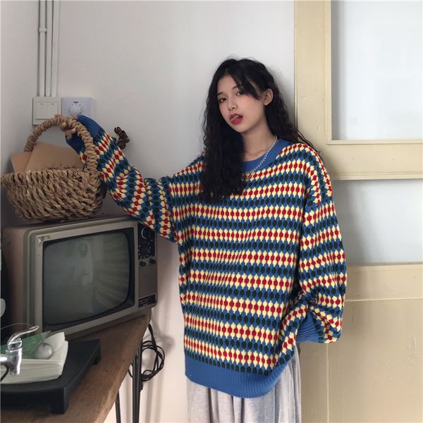 

2021 new contrasting color striped women autumn wild loose retro sweater fashion simple kxas, White;black