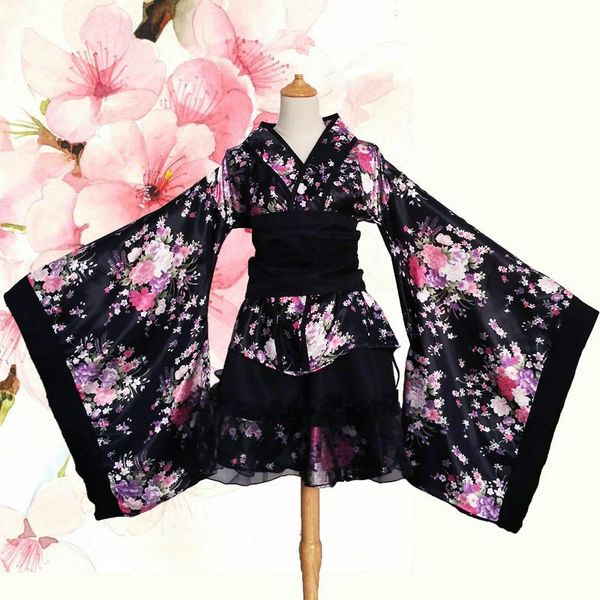 

ethnic clothing kimono japanese classical style v-neck flared sleeves black lace bow belt floral printed high waist chiffon splicing yukata, Red