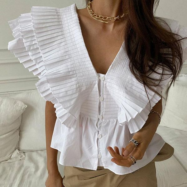 

women's blouses & shirts korean fashion women summer ruffles pleated shirt loose butterfly sleeve v neck blouse slim button up elegant, White