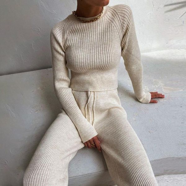 

women's two piece pants knit solid trousers sets with a hood 2021 autumn sweaters hoodies wide leg pant warm 2 set ladies casual home s, White