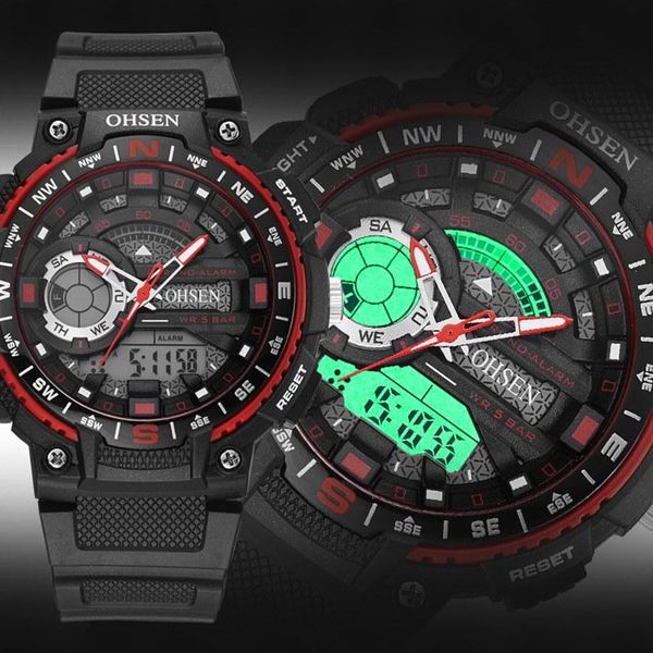 

wristwatches ohsen fashion sport watch quartz digital men analog alarm wrist watches 5atm water resistant red horloge relogio, Slivery;brown