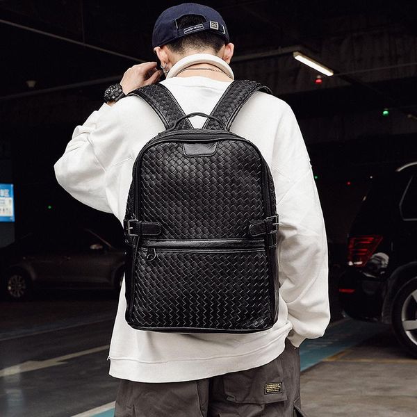 

fashion brand designer handmade woven leather men's backpack