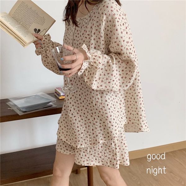 

women's sleepwear summer sleepwear women pajamas set floral print long sleeve home clothes shorts pijamas 2 piece cotton suit y396, Black;red