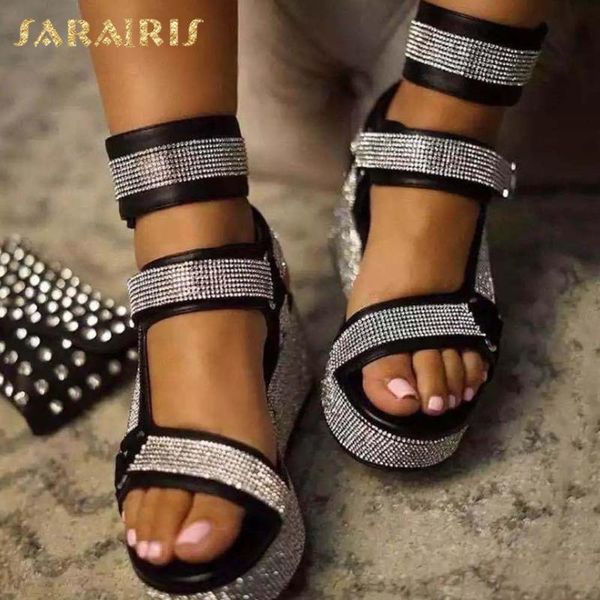 

sandals sarairis 2021 arrivals women's summer hook&loop platform shoes woman slanted heel casual beach gladator, Black