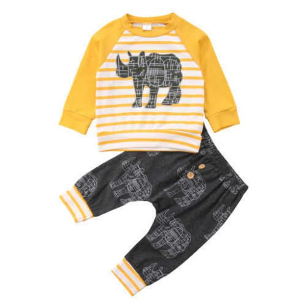 

baby boys 2pcs autumn clothing cartoon rhinoceros print long sleeve striped t-shirt+long harem pant newborn stylish outfit set g1023, White
