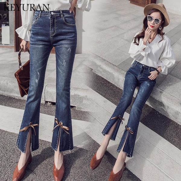

women's jeans fashion high waist style spring summer 2021 korean female bellbottoms waisted stretch split bandage flare, Blue