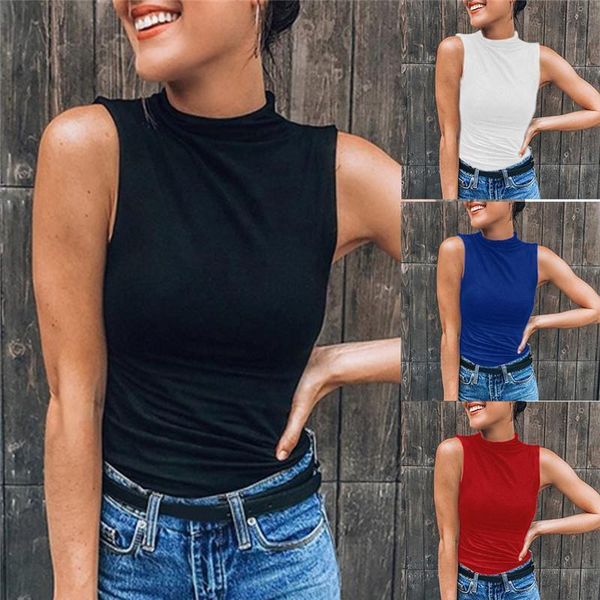 

2021 women sleeveless turtleneck solid casual t shirt plus size lady simple style pure color shirt underwear 4 colors, White