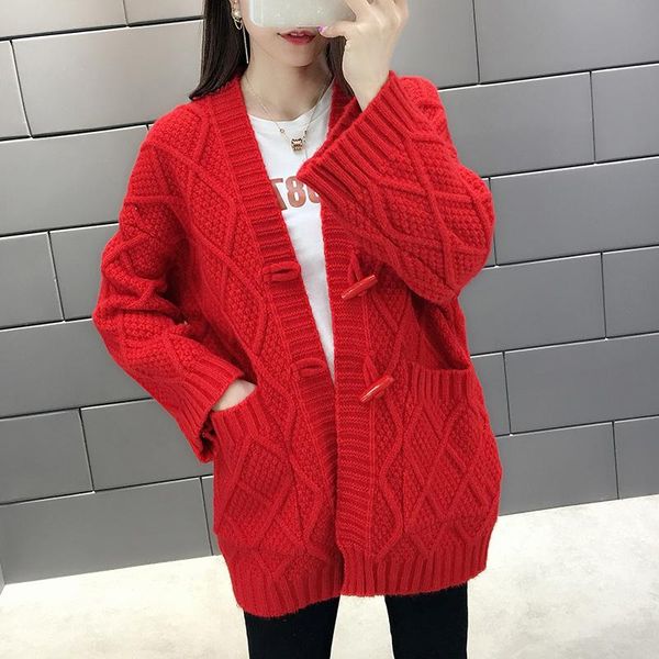 

women's knits & tees women knitted cardigan coat autumn winter ladies thick v-neck long sleeve pocket outerwear female pull femme hive, White