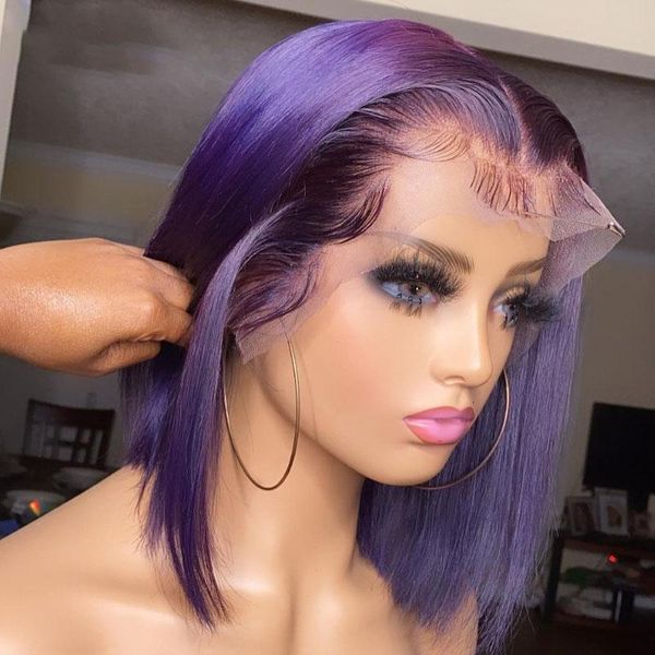 

lace wigs purple color wig short bob human hair for women 180% colored 13x1 front remy brazilian straight, Black;brown