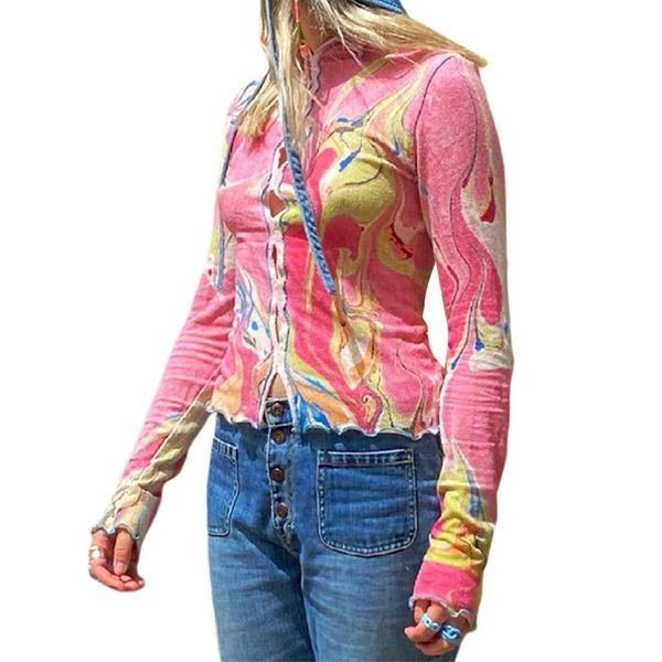 

women's t-shirt women autumn crop irregular printing hollow-out long sleeve filly slim t-shirts for womens girls spring tee, White